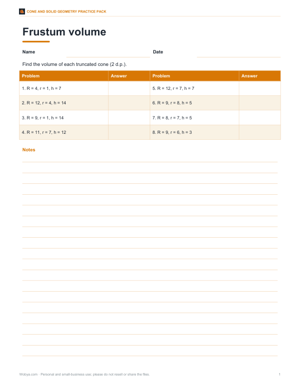 Preview of Printable Frustum Volume Worksheet